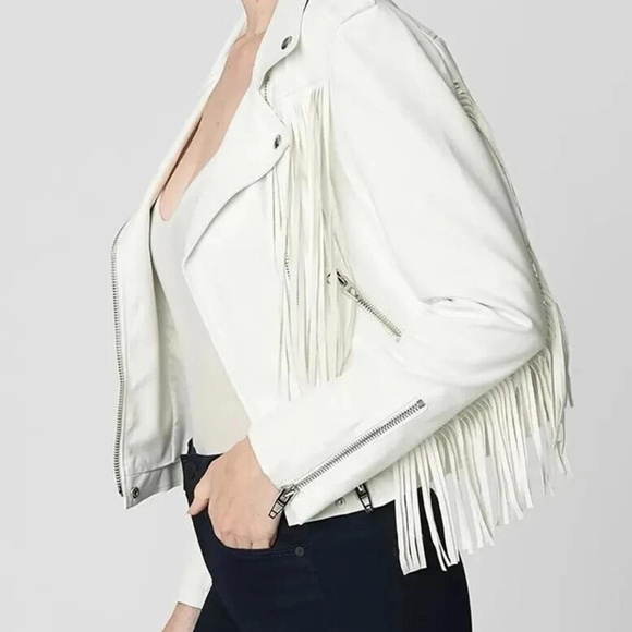 BlankNYC Women's White Soft Leather Fringe Western Style Jacket Size Small - Picture 3 of 4